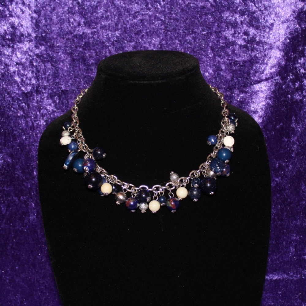 17"-18" Chunky Blue, White, and Silver Necklace